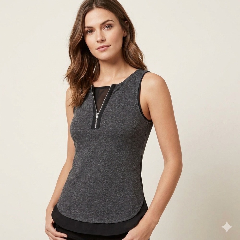 Banana Republic Womens XS Gray Black Mixed Media Zip Front Sleeveless Tank Top